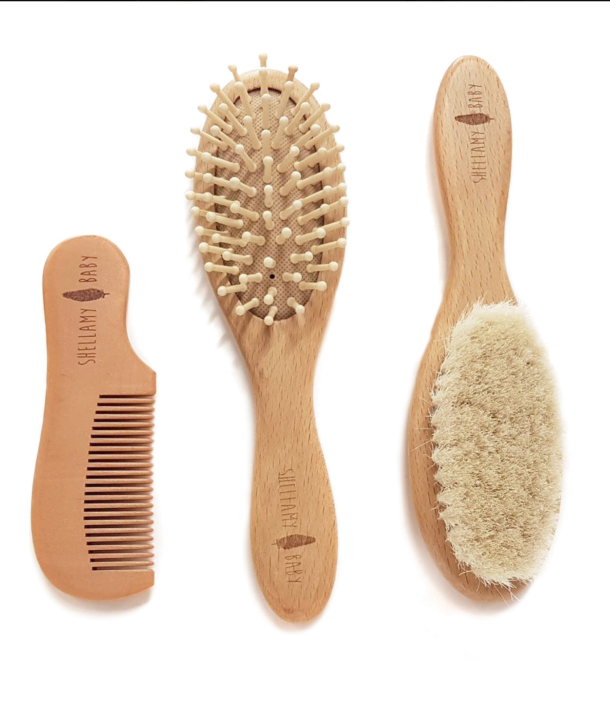 Shellamy Baby 3 Piece Wooden Baby Hairbrush and Comb Set