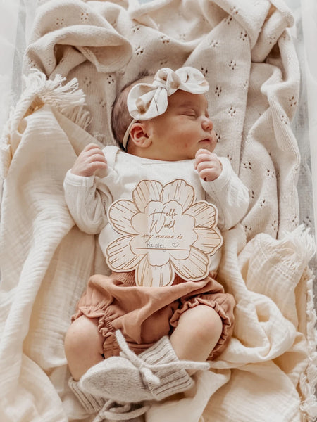 Daisy wooden disc birth announcement
