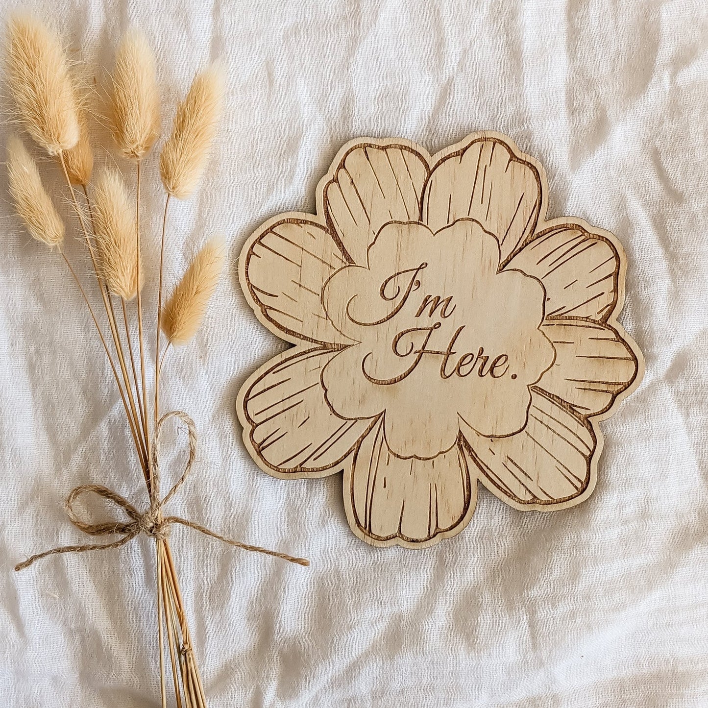 Daisy wooden disc birth announcement