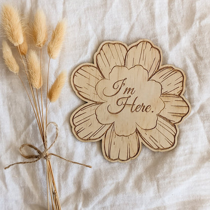 Daisy wooden disc birth announcement