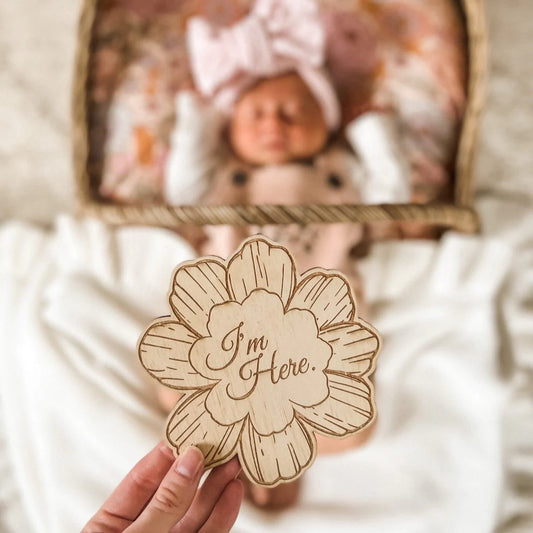 Daisy wooden disc birth announcement