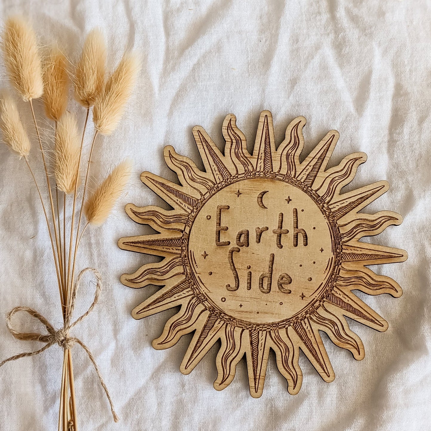 Earth side wooden disc birth announcement