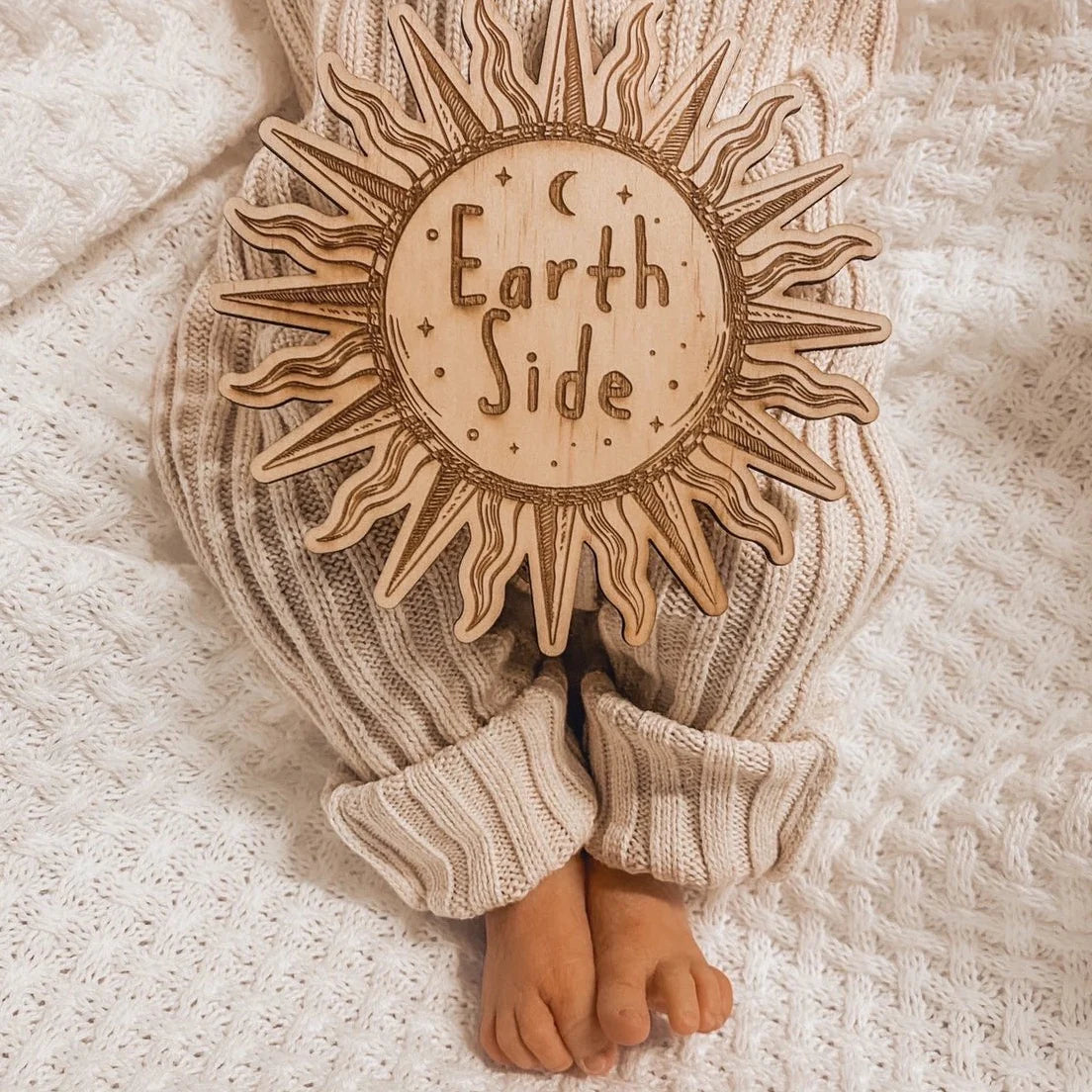 Earth side wooden disc birth announcement