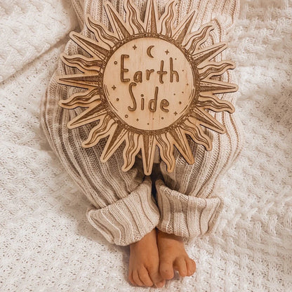 Earth side wooden disc birth announcement